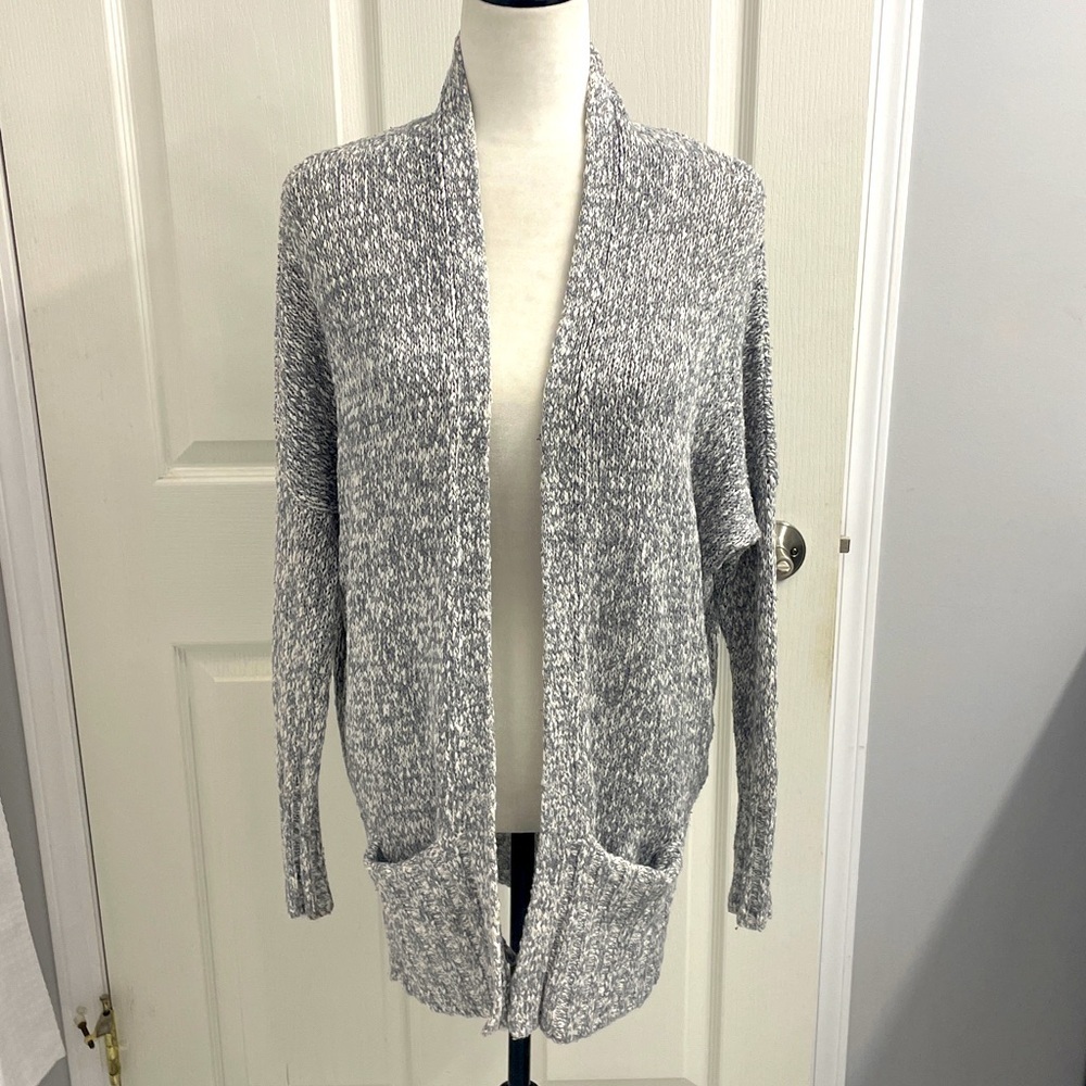 Talula Long Open Front Cardigan Grey/White Drop Shoulder Pockets Oversized Sz XS
